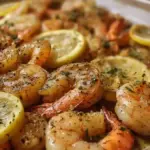 Delicious sheet pan lemon pepper shrimp served with vegetables