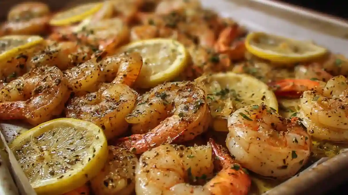 Delicious sheet pan lemon pepper shrimp served with vegetables
