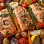 Delicious sheet pan salmon with colorful vegetables ready to serve