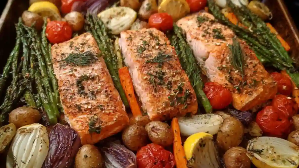 Delicious sheet pan salmon with colorful vegetables ready to serve