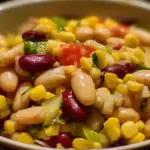 Fresh cold bean and corn salad served in a colorful bowl with vegetables