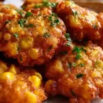 Crispy spicy corn fritter bites served on a plate with dipping sauce
