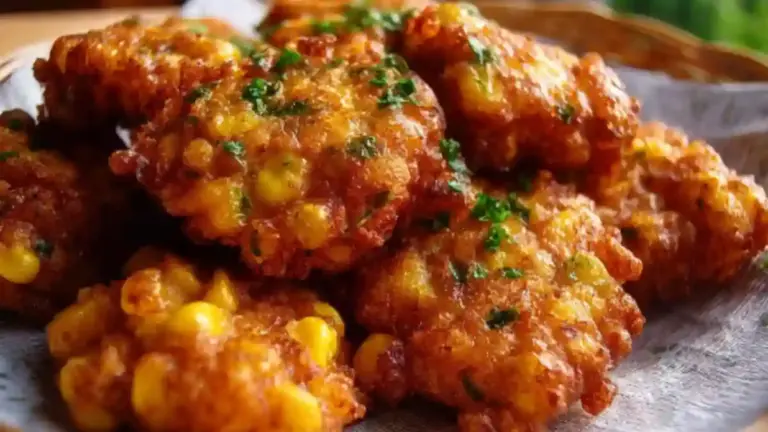 Crispy spicy corn fritter bites served on a plate with dipping sauce