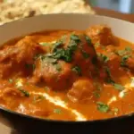 Delicious Spicy Indian Butter Chicken served with naan and rice