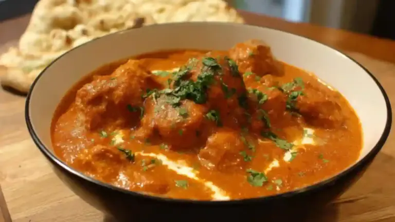 Delicious Spicy Indian Butter Chicken served with naan and rice