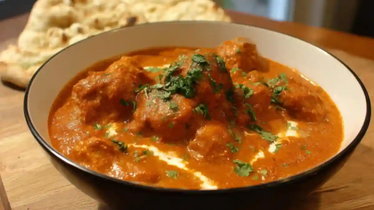 Delicious Spicy Indian Butter Chicken served with naan and rice