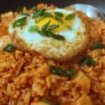 Delicious bowl of spicy kimchi fried rice garnished with green onions.