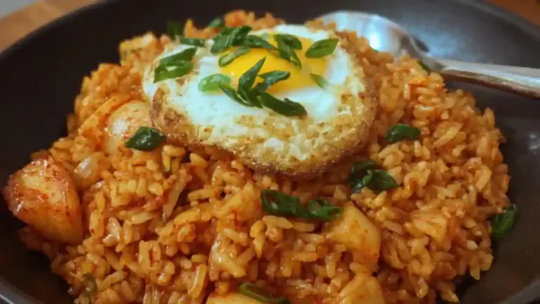 Delicious bowl of spicy kimchi fried rice garnished with green onions.