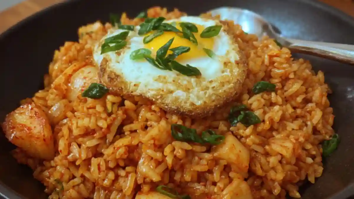 Delicious bowl of spicy kimchi fried rice garnished with green onions.