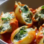 Spinach and Ricotta Stuffed Shells in a creamy sauce, ready to serve.