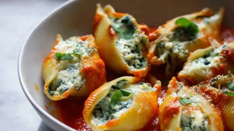 Spinach and Ricotta Stuffed Shells in a creamy sauce, ready to serve.