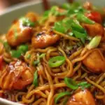 Delicious sticky garlic chicken noodles garnished with fresh herbs