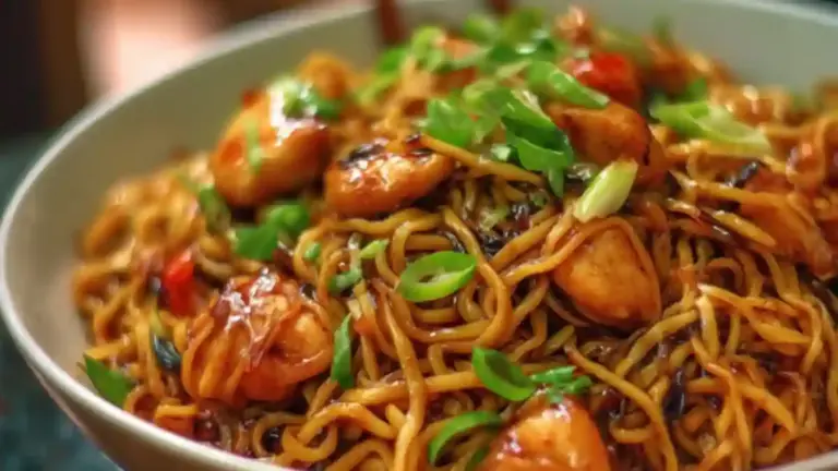 Delicious sticky garlic chicken noodles garnished with fresh herbs