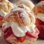 Delicious strawberry cream puffs topped with fresh strawberries and cream