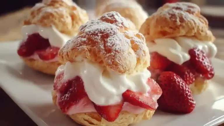 Delicious strawberry cream puffs topped with fresh strawberries and cream