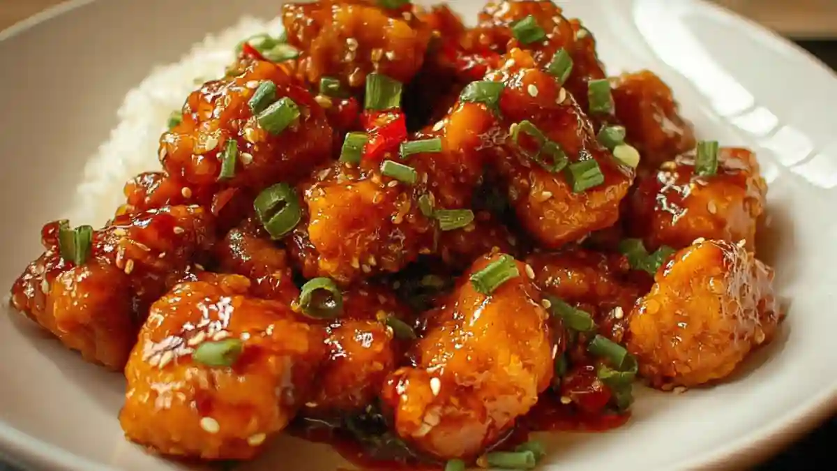 Delicious Sweet Chili Chicken served with vibrant vegetables on a plate.