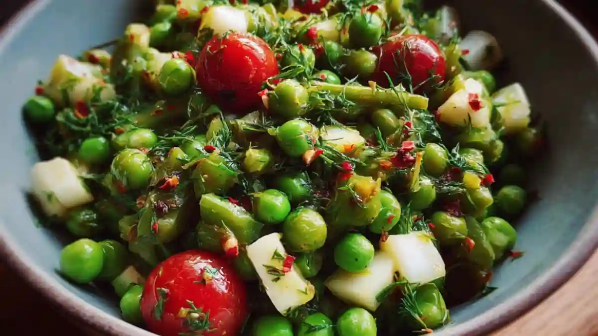 Tangy vegetarian pea salad with vibrant greens and dressing