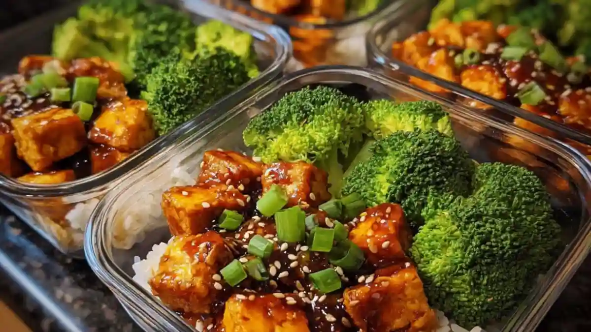 Teriyaki tofu meal prep bowls with vegetables and rice
