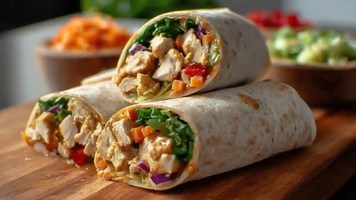 Thai Peanut Chicken Wraps with fresh vegetables and savory sauce