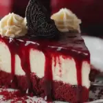 Vampire Bite Red Velvet Cheesecake with blood-red drizzle and chocolate decorations