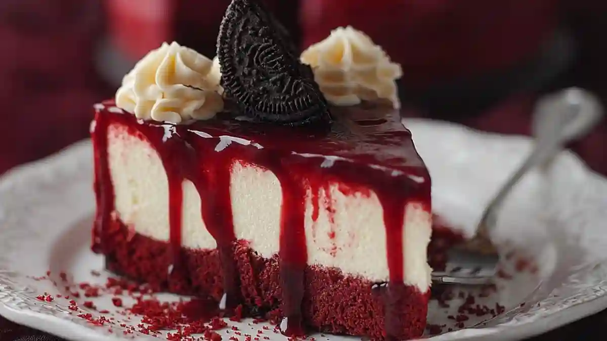 Vampire Bite Red Velvet Cheesecake with blood-red drizzle and chocolate decorations