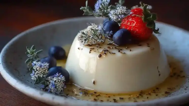 Deliciously creamy Vanilla Bean Panna Cotta served in a glass dessert dish.