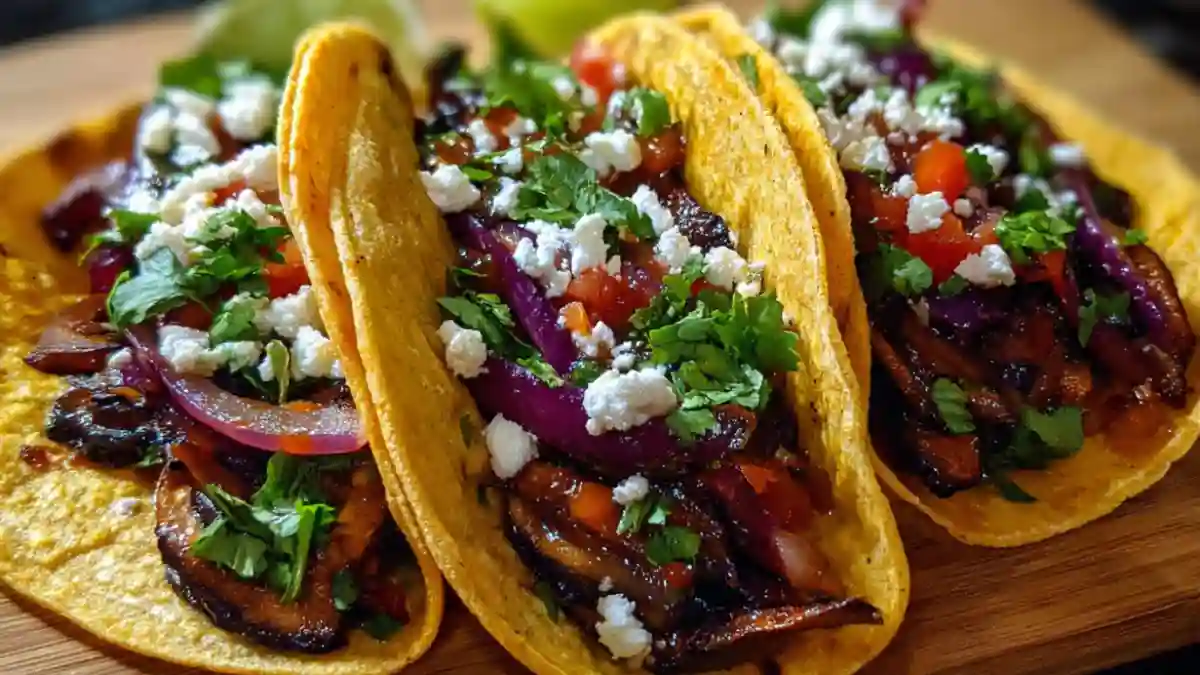 Delicious vegetarian mushroom tacos topped with fresh ingredients