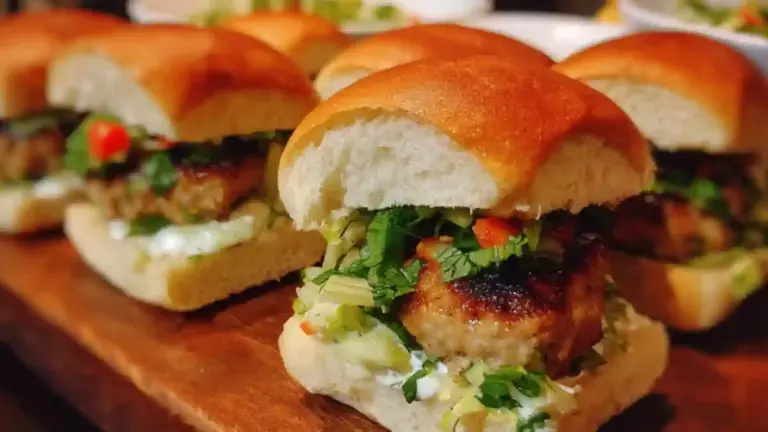Veggie-loaded turkey sliders topped with fresh ingredients on a plate.