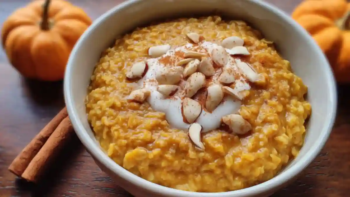 A bowl of warm vegetarian pumpkin oats topped with nuts and spices.