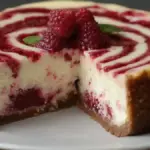 Delicious white chocolate raspberry cheesecake slice topped with fresh raspberries