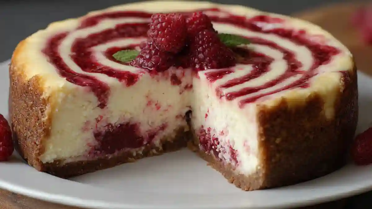 Delicious white chocolate raspberry cheesecake slice topped with fresh raspberries