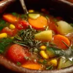 A bowl of Witch’s Veggie Potion Soup filled with colorful vegetables and herbs.