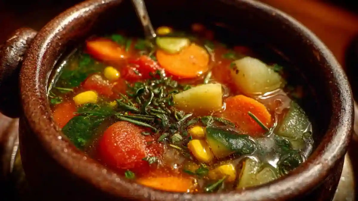 A bowl of Witch’s Veggie Potion Soup filled with colorful vegetables and herbs.