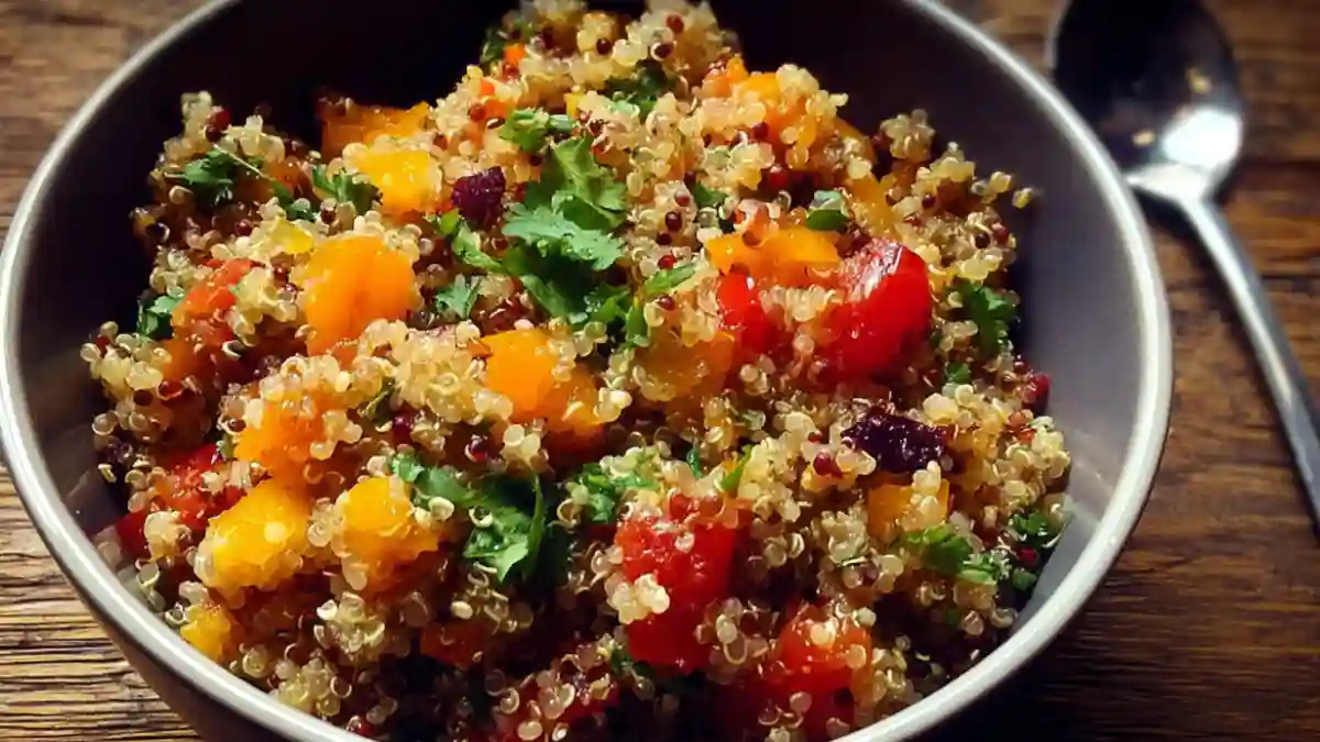 Zesty Vegetarian Quinoa Salad with colorful vegetables and dressing