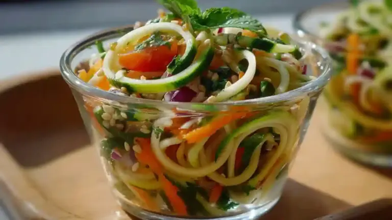 Colorful zucchini noodle salad cups filled with fresh vegetables and light dressing.