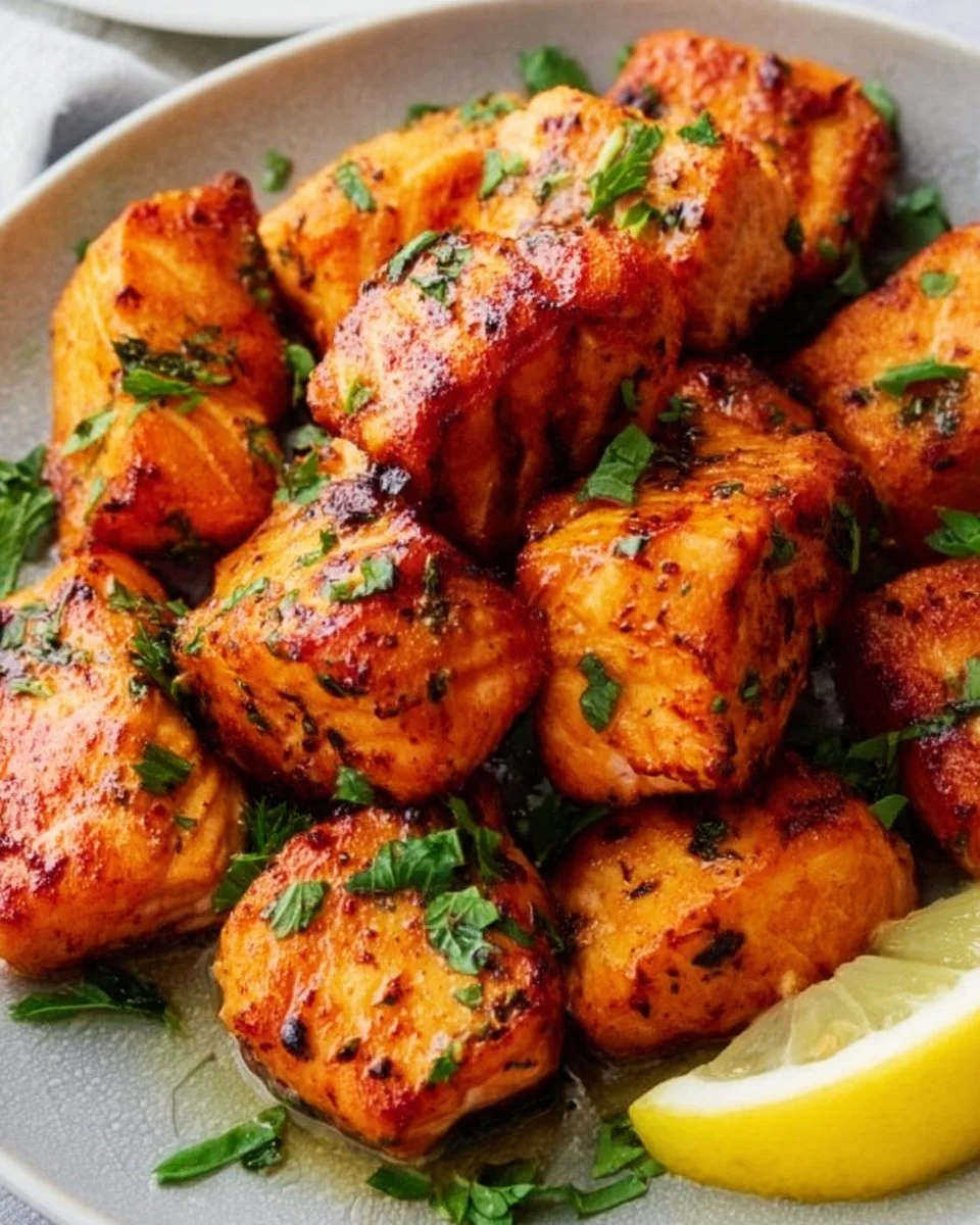 Crispy air fryer salmon bites served with a dipping sauce.