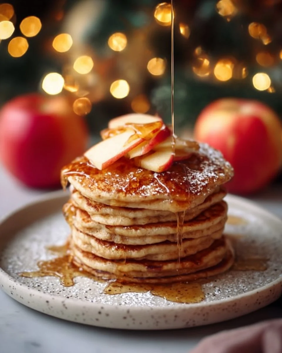 Stack of delicious apple cinnamon pancakes topped with sliced apples and syrup