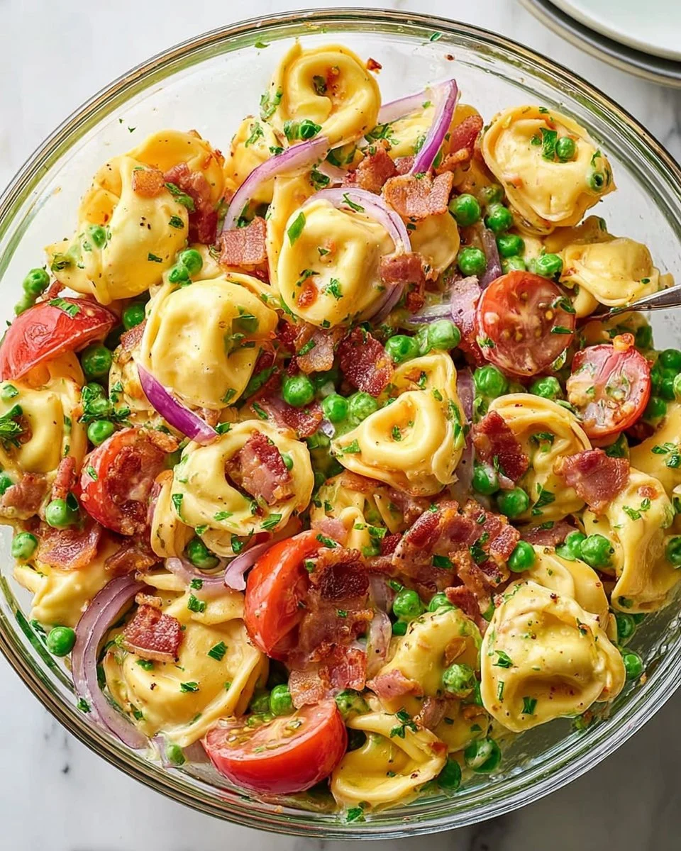 Bacon Ranch Tortellini Salad with fresh ingredients and a creamy dressing