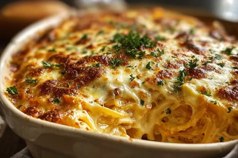 Baked Cream Cheese Spaghetti Casserole topped with cheese and herbs