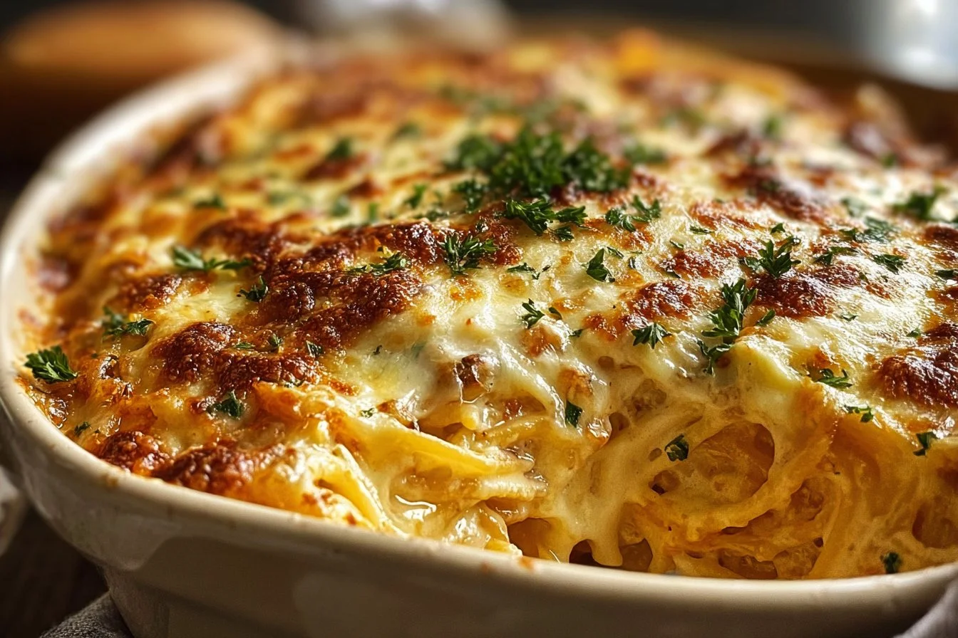 Baked Cream Cheese Spaghetti Casserole topped with cheese and herbs