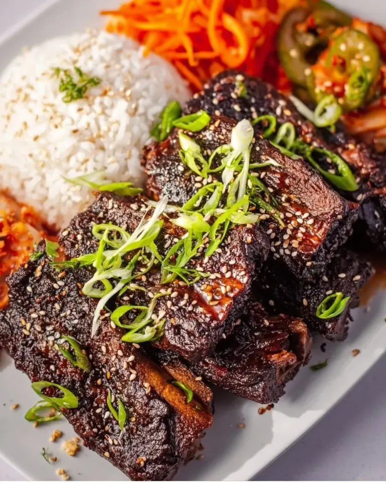 Baked Korean BBQ short ribs served on a plate with garnishes