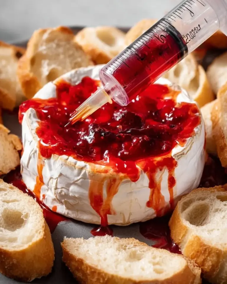 Delicious Bloody Baked Brie with red sauce and herbs served on a wooden board