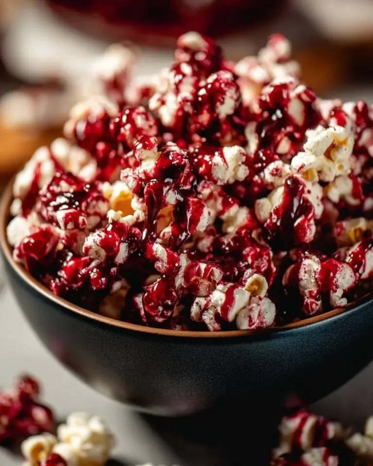 Bowl of Bloody Red Velvet Popcorn with red velvet drizzle and popcorn kernels.