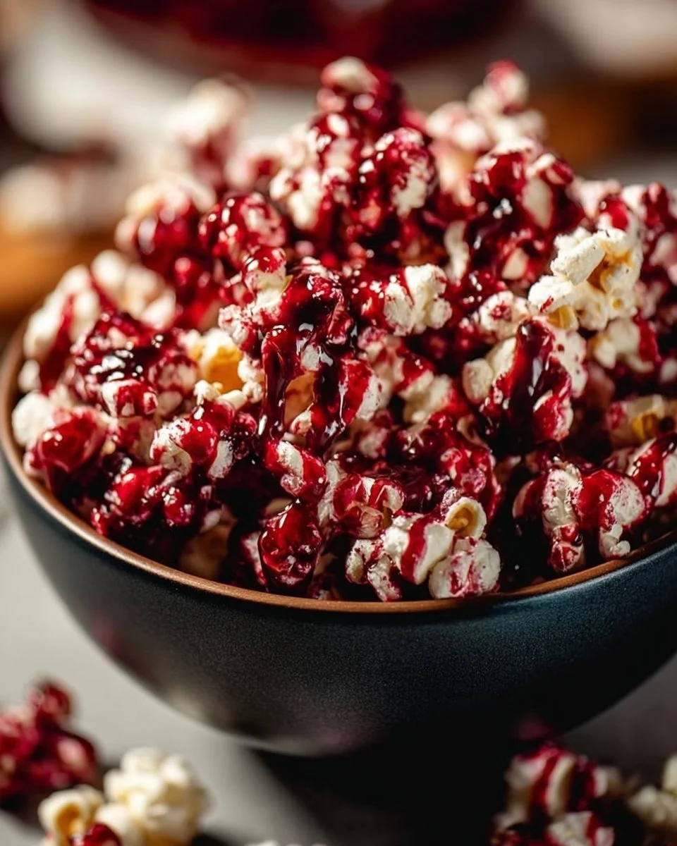 Bowl of Bloody Red Velvet Popcorn with red velvet drizzle and popcorn kernels.
