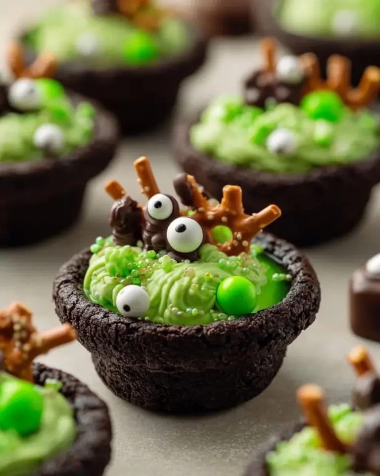 Delicious cauldron cookies decorated for Halloween with spooky designs.