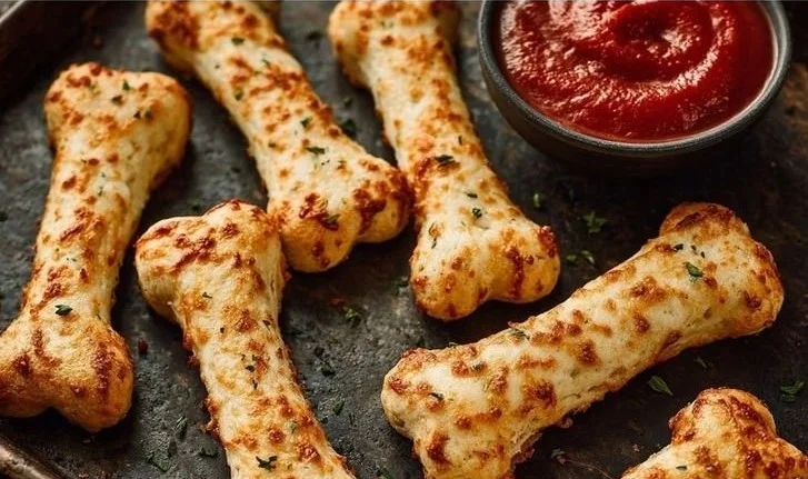 Cheesy Halloween breadstick bones served on a spooky plate.