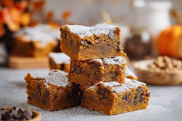 Chewy pumpkin blondies with a rich texture and autumn-inspired flavors