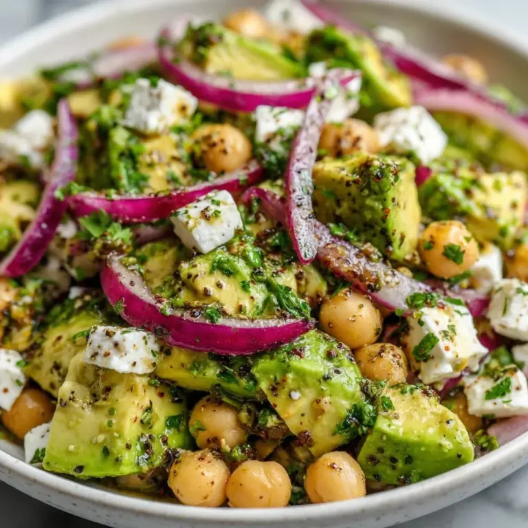 A colorful Chickpea Feta Avocado Salad with fresh ingredients and a vibrant presentation.