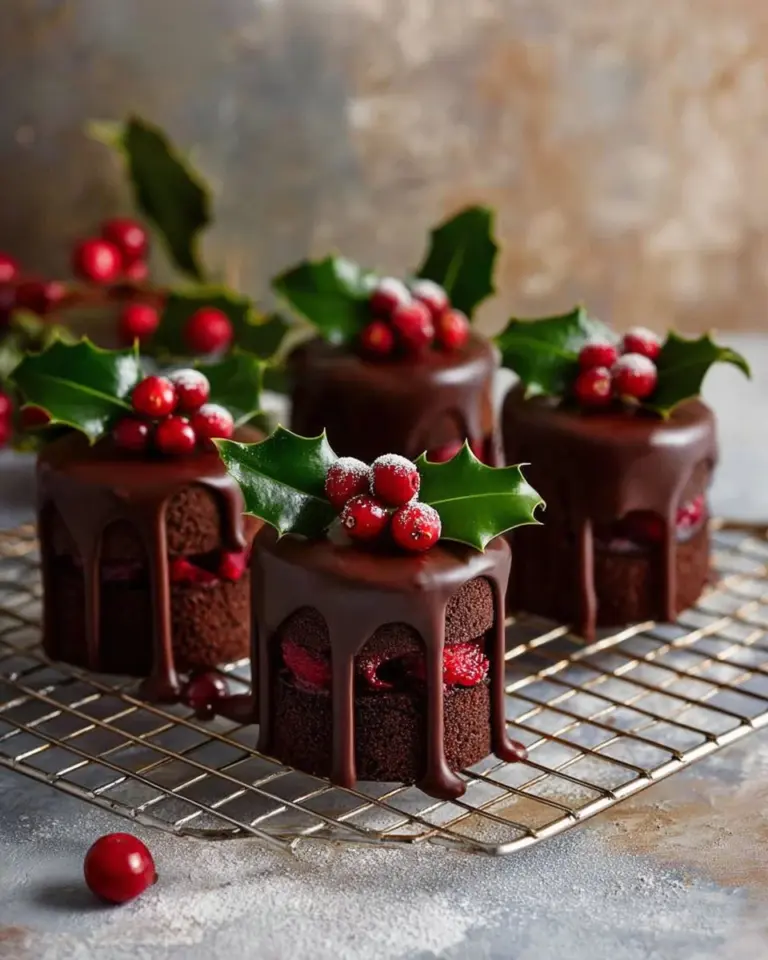 Chocolate cranberry Christmas mini cakes decorated with festive toppings