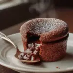 Delicious and fluffy chocolate soufflé served in a stylish dish